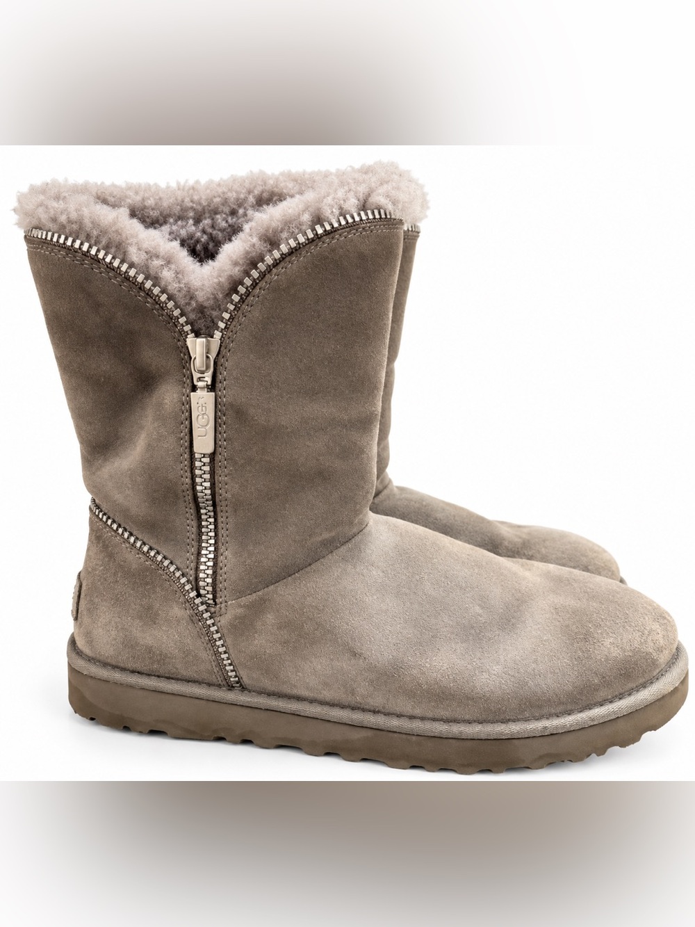 UGG Florence Women’s 10 Gray Suede Sheepskin Zip Mid Calf Boots